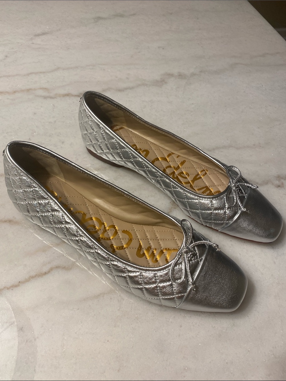 Sam Edelman Silver Quilted Bow Ballet Flats